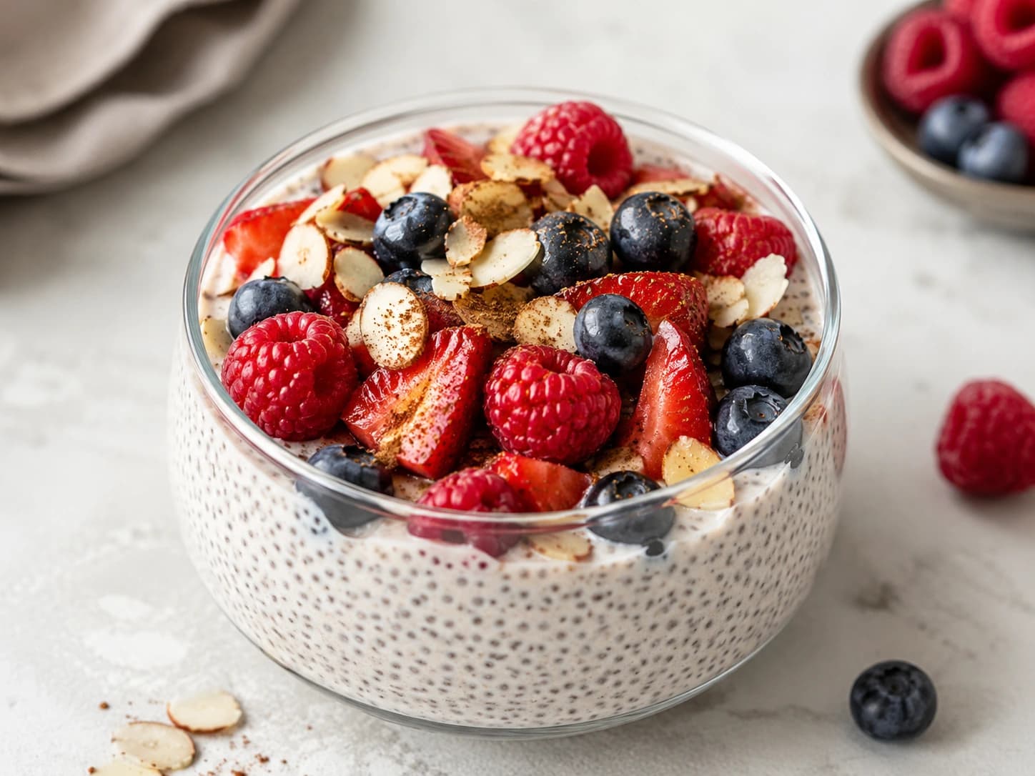 Pudding de chía con frutos rojos, almendras y canela