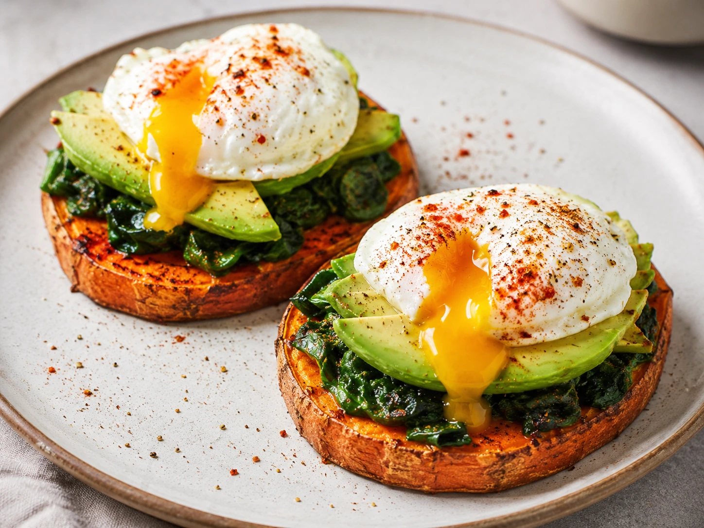 Tostadas de boniato con espinacas, huevo y aguacate antiinflamatorio para dieta con lipedema